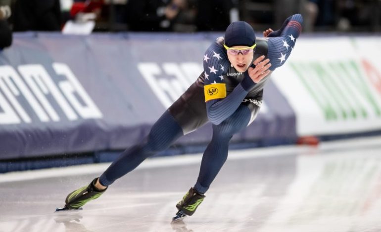  Stolz nearly sets world record in dominating World Cup speed skating win